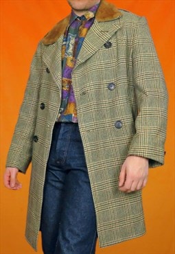 Vintage Wool Tartan Checked Faux Fur Long Brown Coat 60s 70s