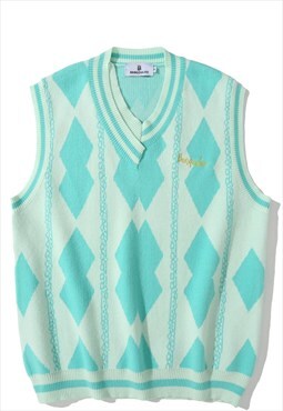 Diamond knitted vest sweater sleeveless cardigan in blue