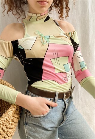 VINTAGE Y2K CANDY PASTEL MESH ABSTRACT TURTLENECK TOP BLOUSE