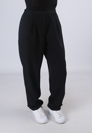 HIGH WAISTED TROUSERS PLAIN WIDE TAPERED LEG UK 12 - 14 EA3F