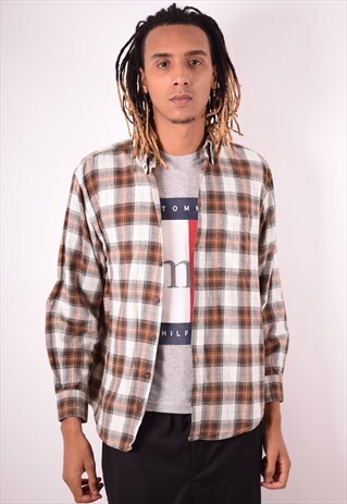 MENS VINTAGE FLANNEL SHIRT LARGE BROWN CHECK 90S