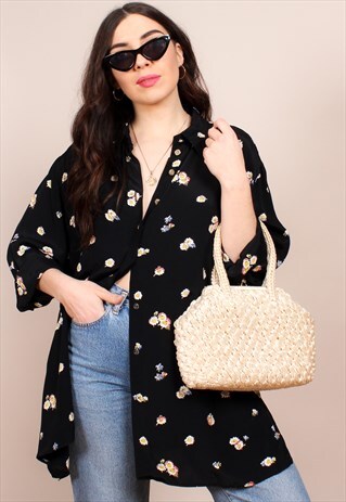 VINTAGE 80S DAISY FLORAL PRINT OVERSIZED BLOUSE