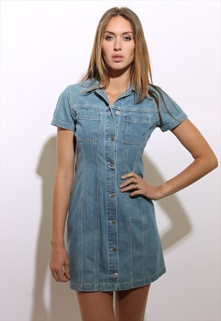 VINTAGE 1990'S 90'S LIGHT BLUE DENIM JEANS MINI DRESS CS-S
