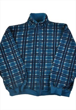 Vintage Fleece Jacket Retro Check Pattern Blue Large