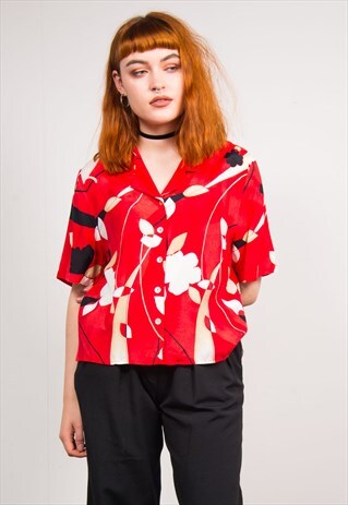 VINTAGE 90'S RED FLORAL PATTERN SHIRT BLOUSE