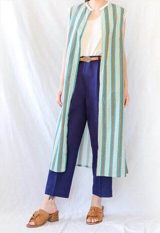 VINTAGE 80S SLEEVELESS DUSTER IN BLUE, GREEN AND WHITE PRINT