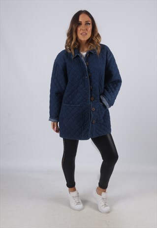 VINTAGE DENIM QUILTED JACKET OVERSIZED FITTED UK 20 (KJF)