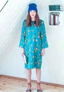 Bright teal blue long sleeve silky floral dress
