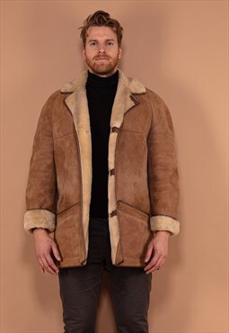 Vintage 70's Men Cozy Sheepskin Suede Coat in Brown