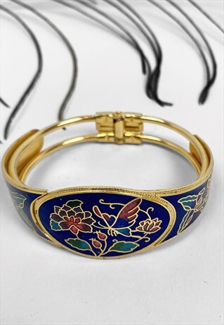 70's Vintage Enamel Bracelet Gold Blue Floral Enamel Cuff