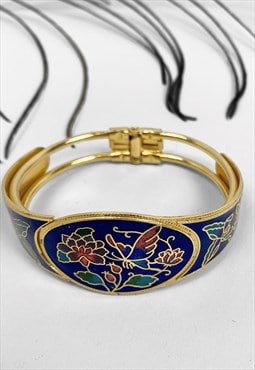 70's Vintage Enamel Bracelet Gold Blue Floral Enamel Cuff