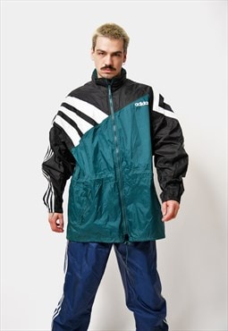 Vintage ADIDAS sport hooded shell jacket green black Men's