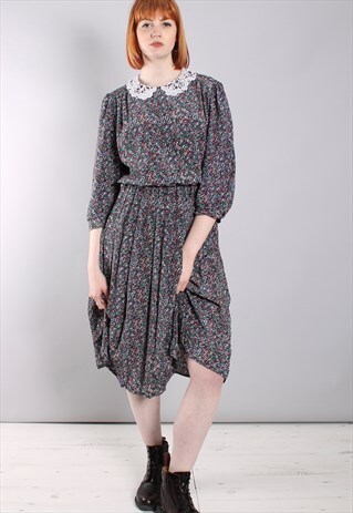 VINTAGE 80S FLORAL PATTERNED LACE COLLAR DRESS