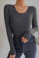 O Neck Grey Ruched Long Sleeve Top