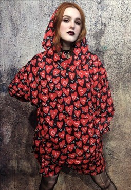 Heart print hoodie handmade love emoji pullover in red