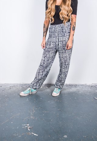 VINTAGE HIGH-WAISTED NAVY BLUE AND WHITE PATTERNED TROUSERS