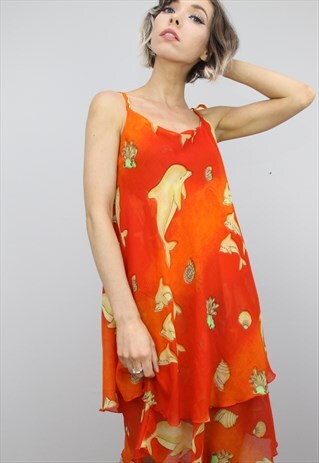 VINTAGE 90S DOLPHIN PATTERNED SUMMER SLIP DRESS