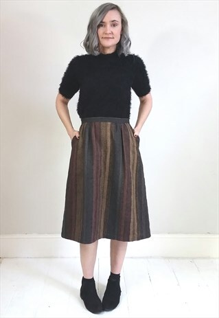 VINTAGE 80'S STRIPED WOVEN WOOL MIDI SKIRT W/ POCKETS