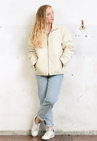 VINTAGE 80S WHITE LEATHER PUFFER JACKET