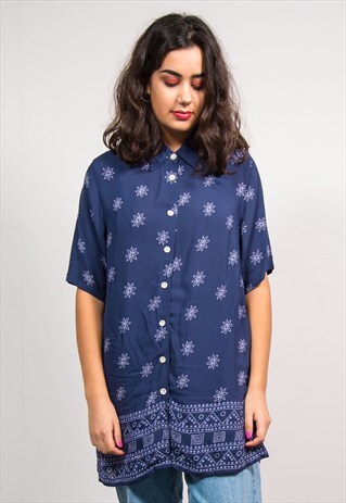 VINTAGE 90'S BLUE FLORAL PATTERN SHEER BLOUSE SHIRT