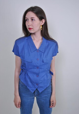 80S BLUE MINIMALIST SHORT SLEEVE BLOUSE, SIZE S