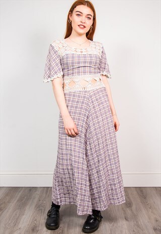VINTAGE 70'S CHECKED PATTERN WHITE CROCHET MAXI DRESS