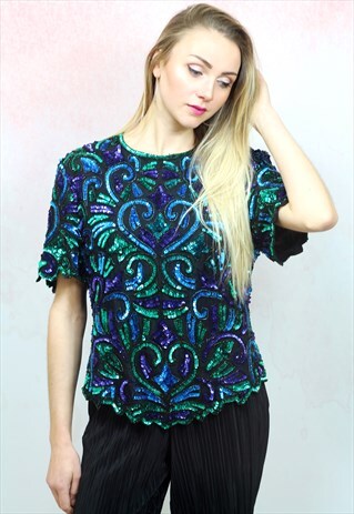 1980S VINTAGE SEQUIN AND BEAD EMBELLISHED SILK TOP