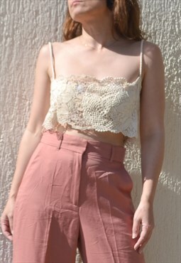 Cream/beige handmade crochet/applique delicate lace crop top