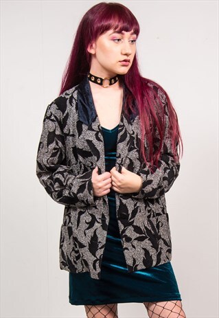 VINTAGE 90'S SILVER GLITTER LEAF PRINT OVERSIZED BLAZER