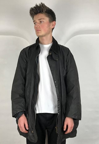 VINTAGE 90'S BLACK BARBOUR BORDER WAX COAT JACKET