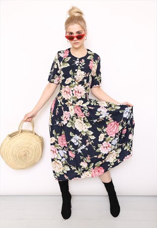 VINTAGE 80S DARK FLORAL PRINT MIDI DRESS