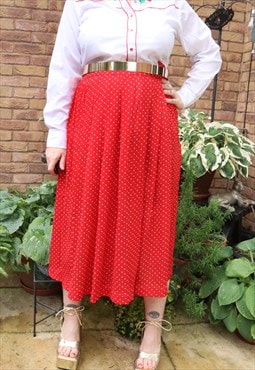 Vintage 90s Red Polka Dot Spotty Pattern Festival Midi Skirt