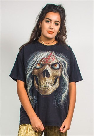 VINTAGE 90'S BLACK SKULL PRINT SHORT SLEEVE GRUNGE T-SHIRT