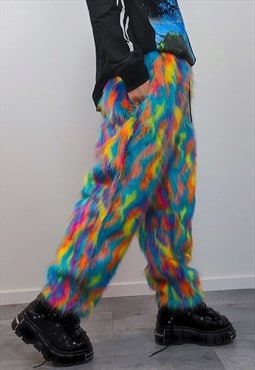 Disco faux fur joggers 70s rave pants psychedelic trousers