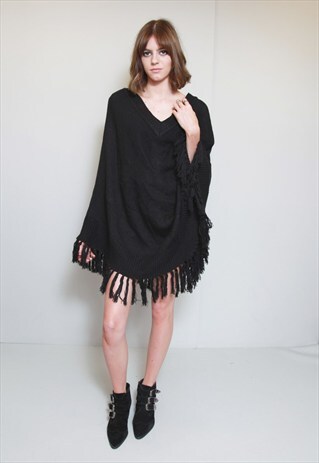 VINTAGE 1970'S SOFT BLACK TASSELED PONCHO CAPE