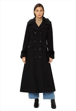 Black Wool Blend Military Faux Fur Trim Maxi Coat