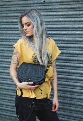 HAND CARVED LEATHER SADDLE BAG SATCHEL (BLACK)