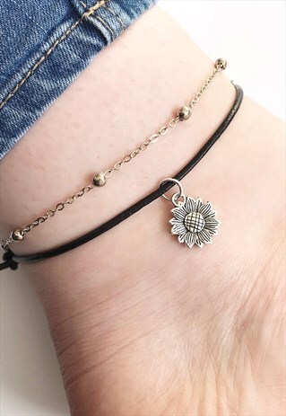 FLOWER ANKLET, FLOWER GIFT, BOHO, LEATHER ANKLET