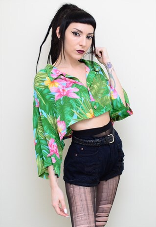 VINTAGE 90S TROPICAL FLORAL PATTERNED REWORKED CROPPED SHIRT