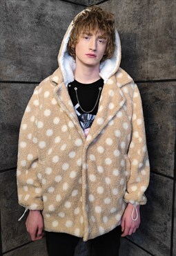 Polka dot fleece coat handmade 2in1 hood trench jacket cream
