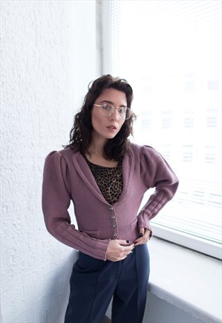 VINTAGE 70'S PURPLE/PINK WOOL PUFF SLEEVED CARDIGAN
