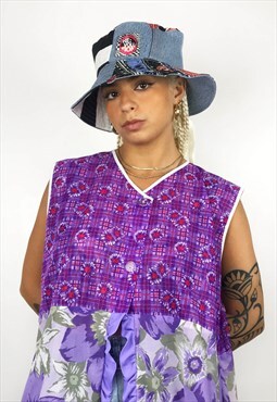 Upcycled Reworked Patchwork Bucket Hat Denim And Stripes