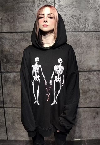 SKELETON GRAFFITI HOODIE PUNK BONES SLOGAN PULLOVER IN BLACK