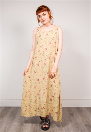 90'S VINTAGE CREAM FLORAL PATTERN MAXI SUMMER DRESS
