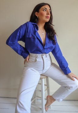 Vintage 80s Double Breasted Blouse in Blue - S