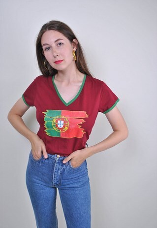 90S PORTUGAL FOOTBALL TSHIRT, V-NECK SPORT FAN TEE, SIZE S