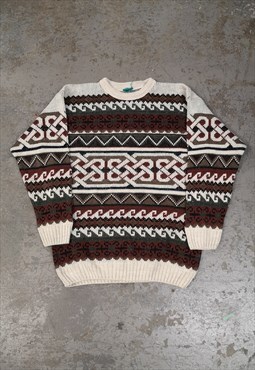 Vintage Abstract Knitted Jumper White Patterned Grandad