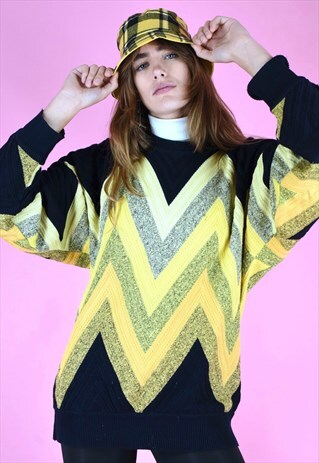 VINTAGE 90S CARLO COLUCCI KNIT JUMPER BLACK YELLOW PATTERN