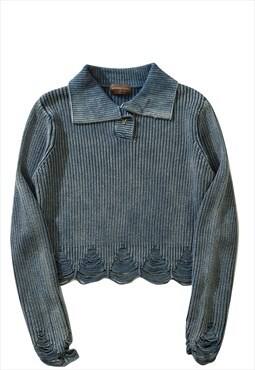 Cropped sweater vintage wash grunge knitwear jumper in blue