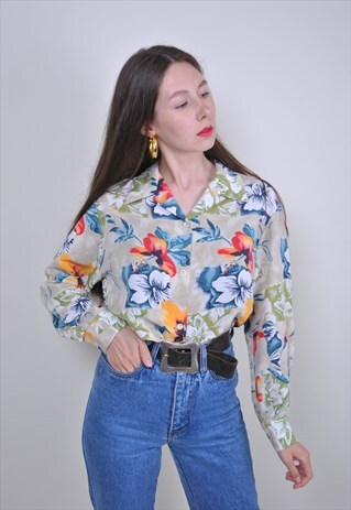 80S HAWAII SHIRT, VINTAGE HOLIDAYS FLORAL BLOUSE